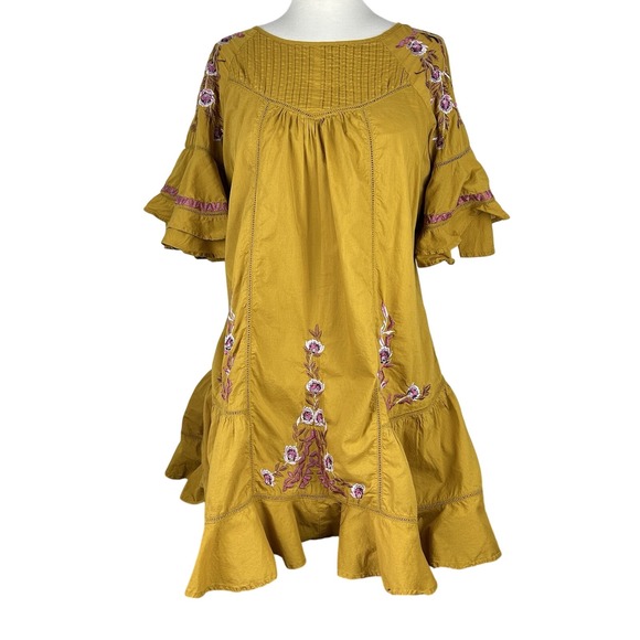 Free People Pavlo Mustard‎ Gold Embroidered Dress Boho Babydoll Ruffles - Picture 1 of 16